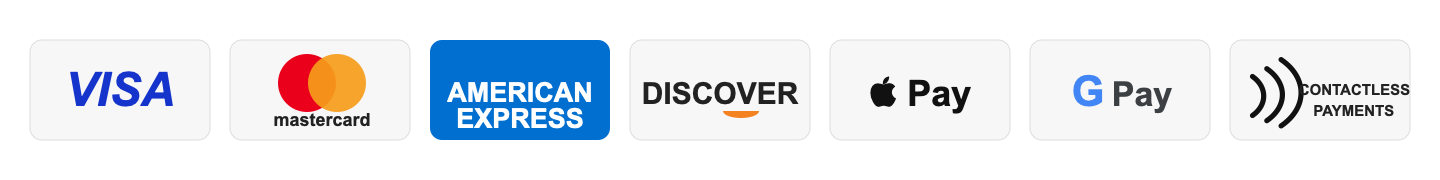 Accepted payments: Visa, Mastercard, American Express, Discover, Apple Pay, Google Pay, and contactless payments