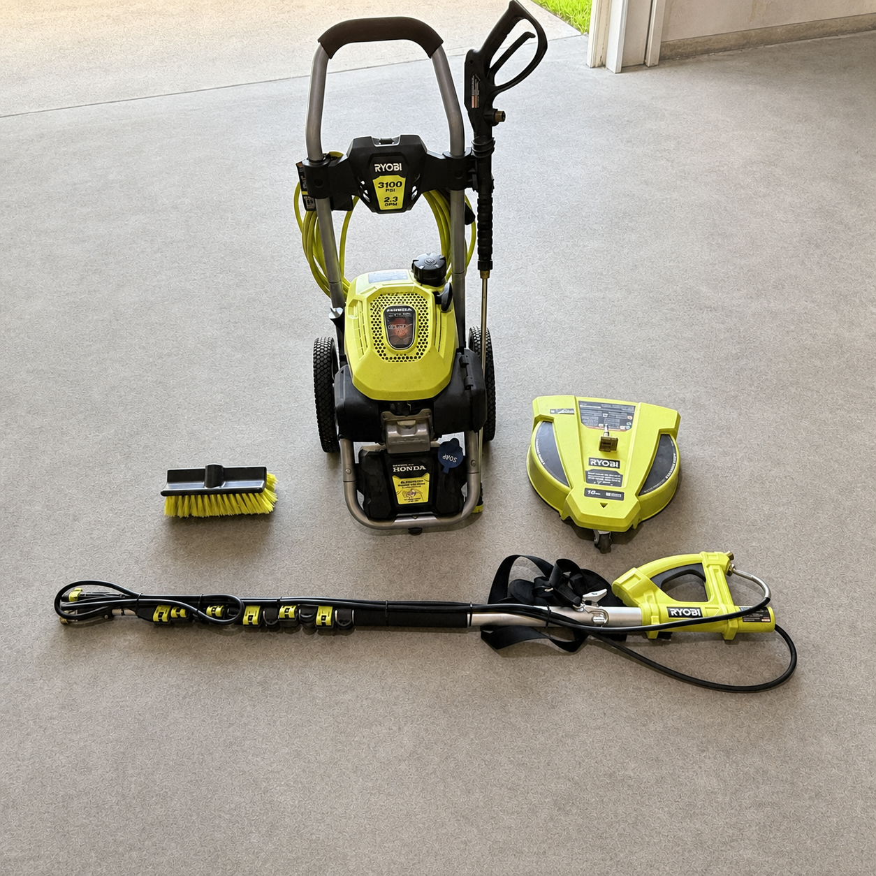 CTX Ryobi 3100 PSI pressure washer kit with surface cleaner, wand, brush, and attachments